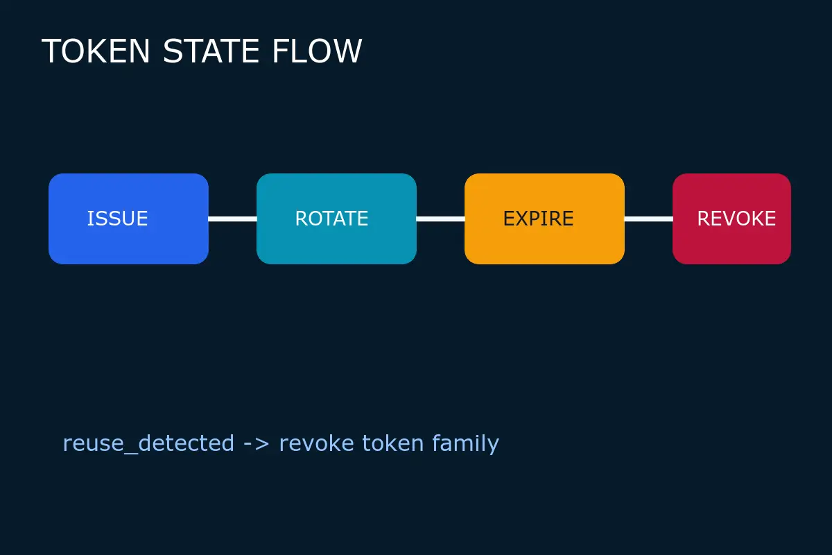 OAuth access token 요청과 refresh token 회전, 재사용 탐지, 세션 폐기까지의 상태 흐름도